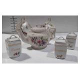China cups and saucers, teapot, spice jars, plus
