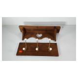 Wood wall coat rack with brass hooks, 20" wide
