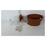 Assorted Glass Bottles, & Chocolat Tin Bucket