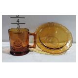 Amber glass nursery rhymes bowl and cup set,