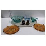 Colored glass bowls, creamer, crackle glass