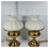 Pair brass electrified oil style lamps with glass