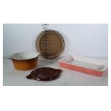Pyrex lot: pink cake dish (shows wear), pie plate