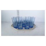 Blue glass tumblers. 6 tall and 8 short.