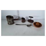 Old Kitchenwares: 2 sifters spoon and cutting