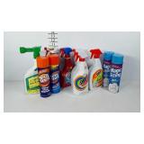 Household cleaning supplies, many are full, plus