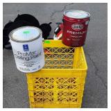 Paint, 2 gallon buckets in plastic milk crate,