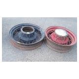 Two vintage Automobile Wheels, steel hub and