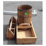 Wooden Group, nail keg, 2 totes, one with