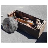 Wooden Shop Storage Box with contents, hose