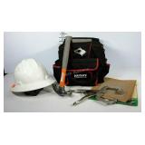 Tool lot. Hart hat, hammer, clamp, sand paper,