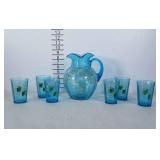 Painted blue glass pitcher and 6 matching