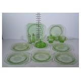 Lot of green depression glass dishes, including,