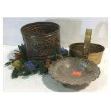 Home decor with footed silverplate dish, brass