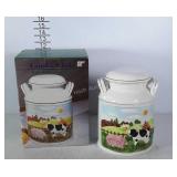 Milk can cookie jar. Chip on base and crazing