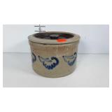 Cheese crock with lid and blue design, crack as