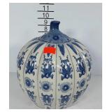 Blue and white pumpkin shaped jar