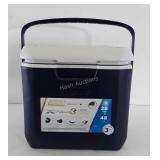 Navy blue and white Coleman 28 quart cooler.
