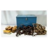 Painted wood horse tack box with carry handle.