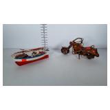 Wooden decor motorcycle and wooden boat signed