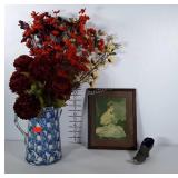 Metal shoe pin cushion,  framed portrait of child