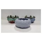 3 ceramic flower pots, 2 with frogs