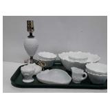 Milk glass collection, lamp, Berry Bowls, cream