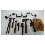 Tools, hatchet, speed drill, ice pick, wrenches,