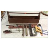 Wooden tool box with tools- T-squares, levels,