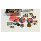 Tin with pins, political buttons, pennies etc