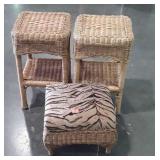 3pc Wicker Furnishings Lot, padded top Footstool,