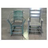 Two older rockers, both painted green. One bent