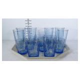 Blue glass tumblers. 6 tall and 8 short.