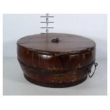 Wooden whiskey barrel style bowl with lid. Top