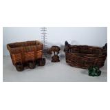 2 baskets, glass frog candle holder, 3 mini metal