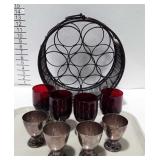 Wine bottle holder, ruby red glasses and cups
