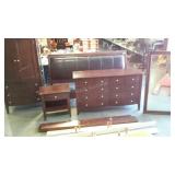Five piece bedroom set. Dark stain. King size