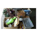 Glassware, tools, lamp, wreath, hangers, tote