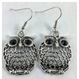 Black Austrian crystal owl earrings silvertone