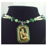 Green kiwi jasper and shell necklace 28in