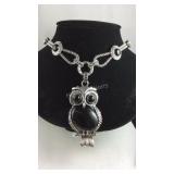 Black agate white Austrian crystal owl necklace