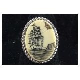 Carved Ship Ring Marked Sterling,  size 5.5