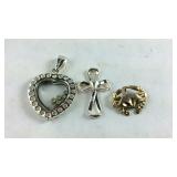 3 Pendants  Cross, Crab, & CZ heart is Sterling