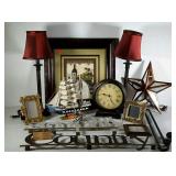 Home decor lot. Wall plaques, frames, clock, ship