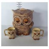 Owl Pottery Cookie Jar & 2 Mugs