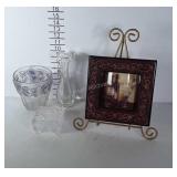 2 Glass Vases, 1 Glass Box, & 1 Frame Stand w/