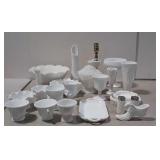 Milk glass lot: vases, salt and pepper, candle