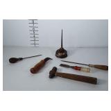 Old tool lot: oil can, picks, hammer and more,