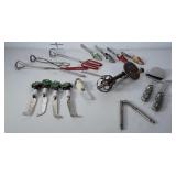 Old manual hand mixer, cheese spreaders, tongs,