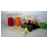 Yarn, crafting thread and several small wooden